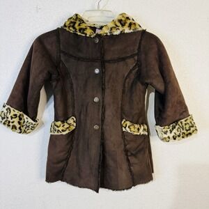 Oshkosh Bgosh Girls Coat 5/6‎ Faux Fur Leopard Brown Hooded Pockets